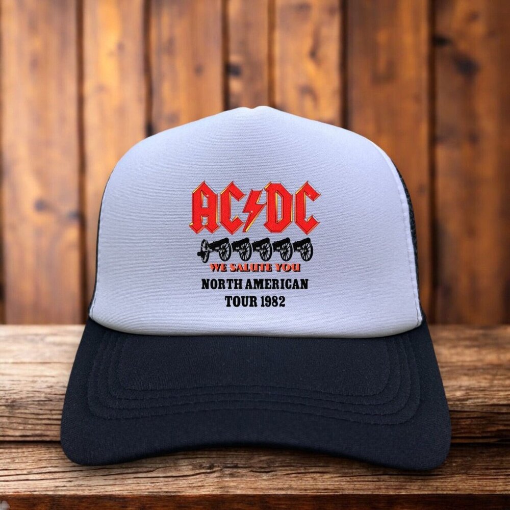AC/DC Rock N Roll Mens Trucker Hat Black Snapback 1982 North American Tour Cap